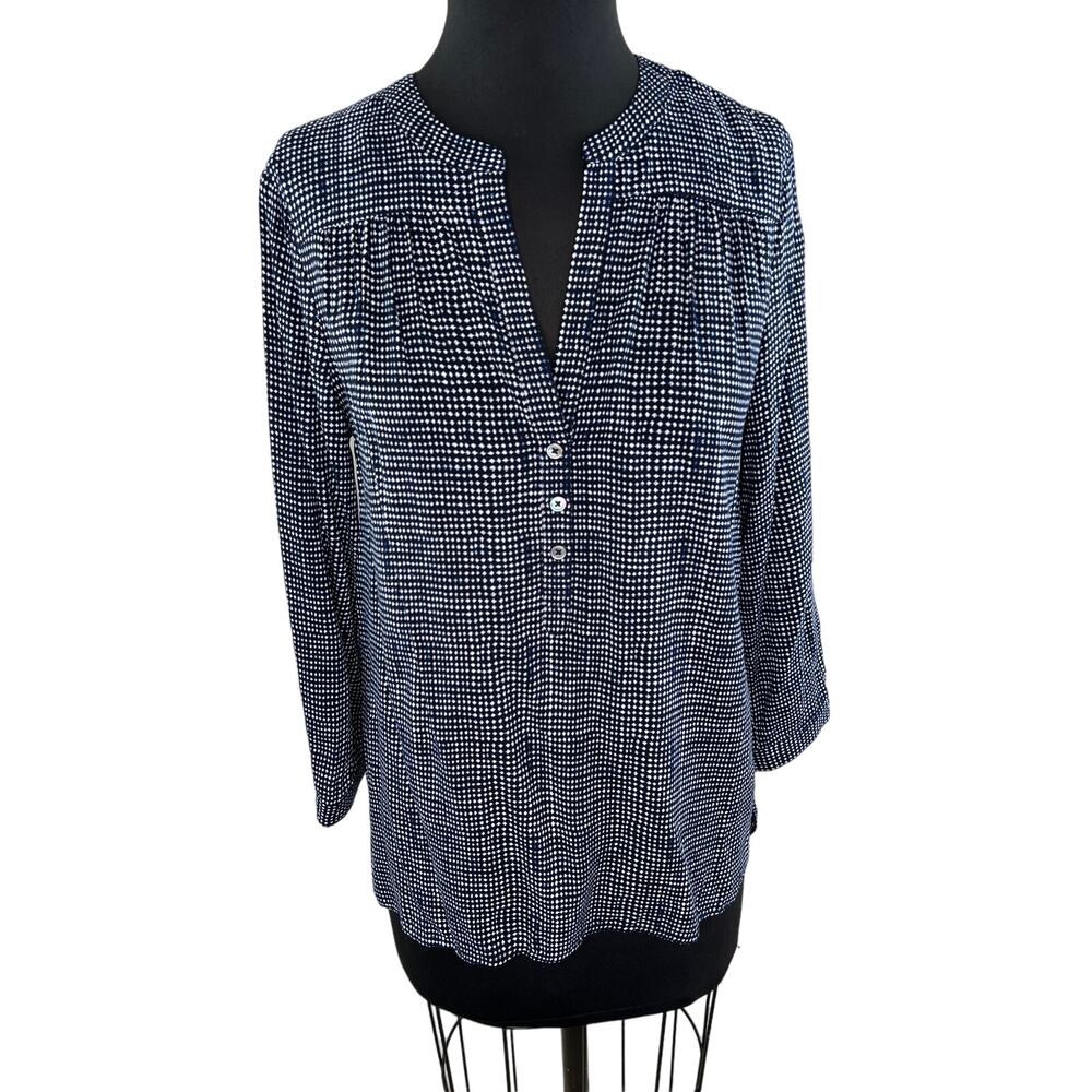 Soft JOIE Top Blue White Printed V-Neck Popover 3/4 Sleeve Blouse S Small